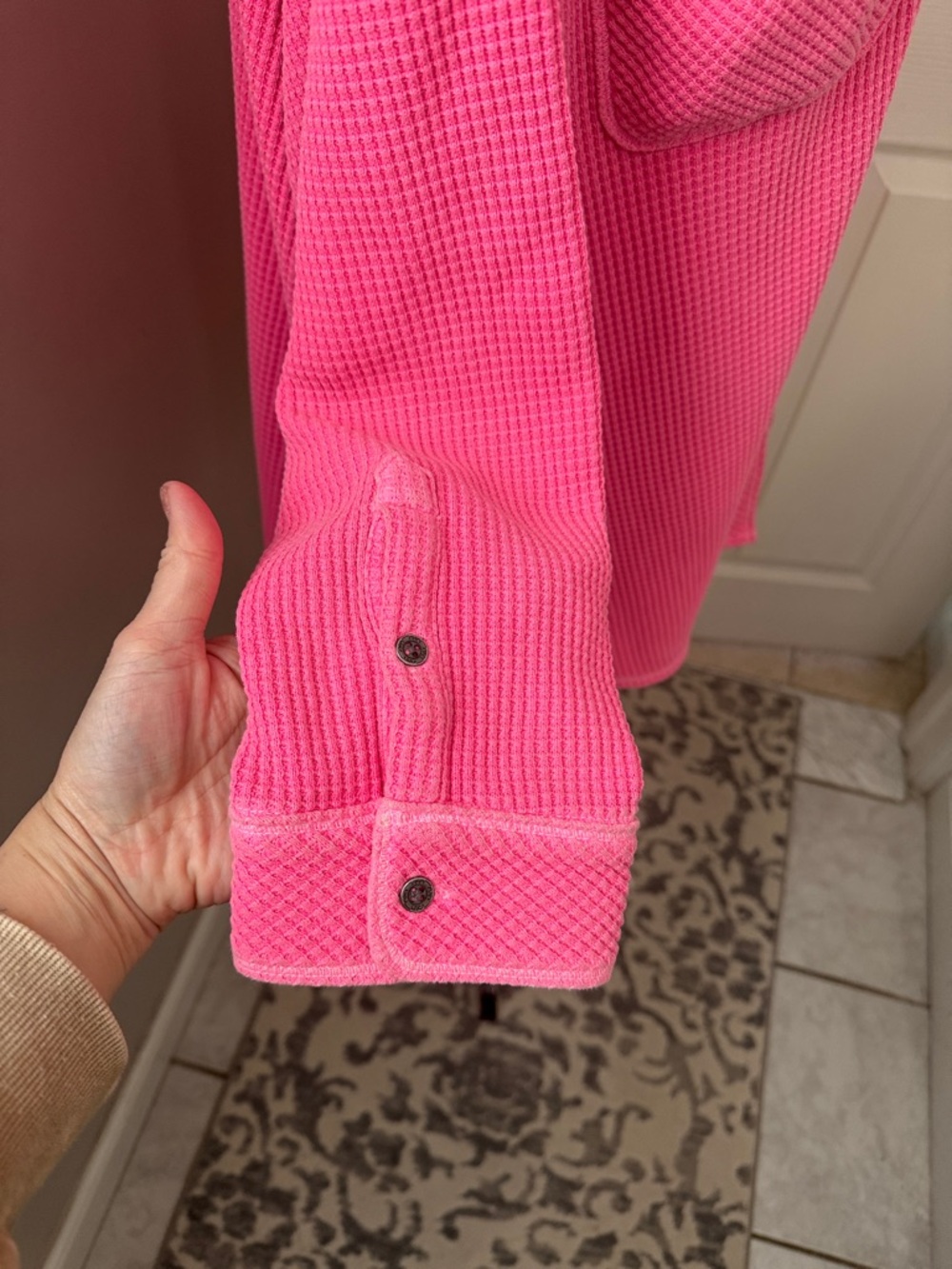Aerie Pink Waffle Knit Button-Up Shirt - Picture 3 of 11